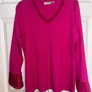 Belle by Kim Gravel Blouse Womens M Bright Pink V-Neck Ruffle Long Sleeve